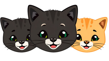 Obraz premium Funny Pet Heads Modern black-faced kitten, feline cartoon smile, emotion, and pleasant illustration. Isolated flat kittens. Emotional animal stickers. Cute emoji.