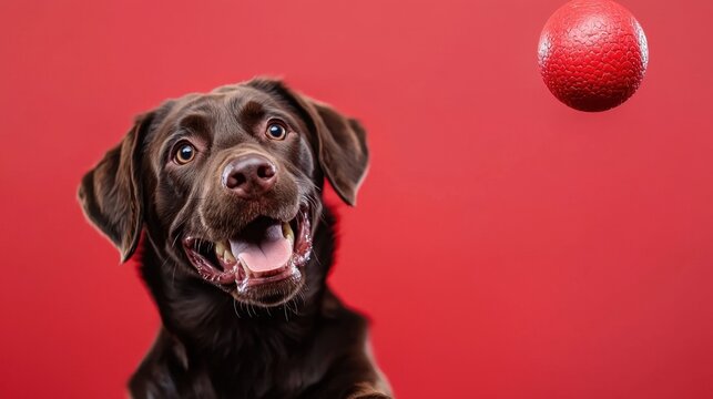 Happy dog excitedly playing with a red ball against an abstract red background