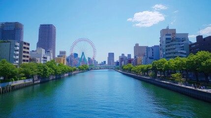 Fototapeta premium Urban cityscape panorama along a tranquil waterway on a sunny day.