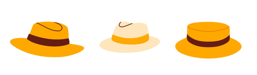 Vector set of classic summer straw hats with brims and ribbons, perfect for sunny weather and beach fashion