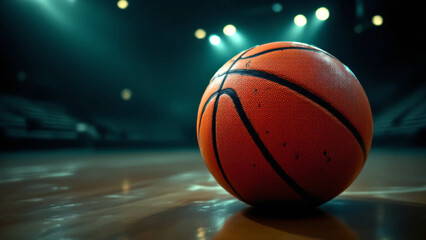 Obraz premium Photo of Basketball on Polished Indoor Court with Cinematic Lighting – Ideal for Sports Advertising, Editorials, or Athletic Brand Campaigns