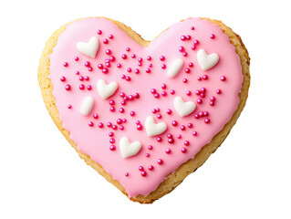 Sweet heart-shaped cookie decorated with pink icing and sprinkles, cut out