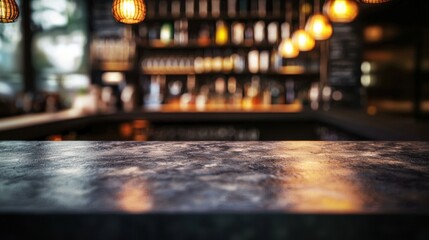 Elegant bar counter with warm lighting and cozy atmosphere in a modern tavern setting