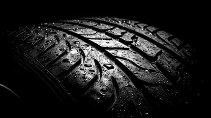 Car tire close-up with drops of water on top. Mechanic services, automotive industry, vehicle repair, car maintenance