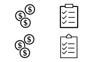 Icons of money and coins, checklist symbol for financial planning, budgeting, savings, financial tasks, line art design, line art icon set
