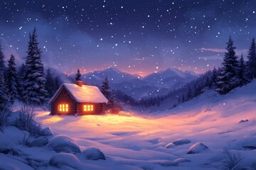 Fototapeta premium Snowy cabin, mountain winter night, starry sky, holiday card