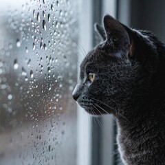 Russian Blue Looking Out Rainy Window