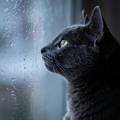 Russian Blue Looking Out Rainy Window