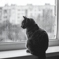 Russian Blue Looking Out Rainy Window