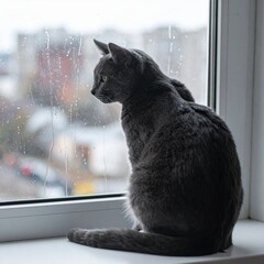 Russian Blue Looking Out Rainy Window