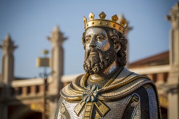 Obraz premium Detailed Mosaic King Sculpture with Golden Crown in Artistic Presentation