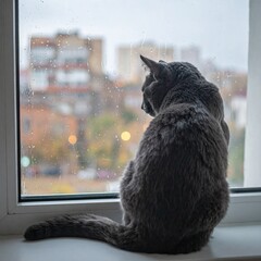 Russian Blue Looking Out Rainy Window