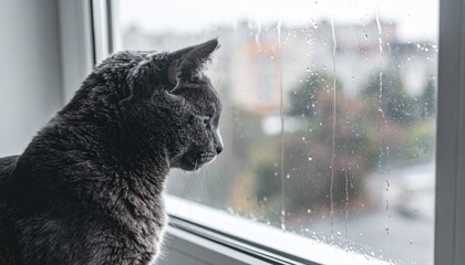 Russian Blue Looking Out Rainy Window