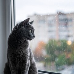 Russian Blue Looking Out Rainy Window