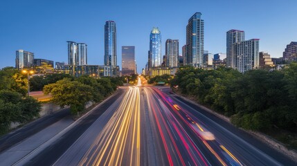Fototapeta premium City highway at dawn Busy urban highway with blurred car lights, stretching towards modern skyline