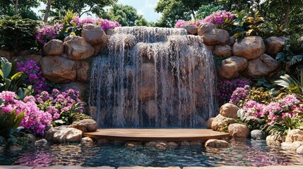 Naklejka premium Waterfall surrounded by flowers and foliage