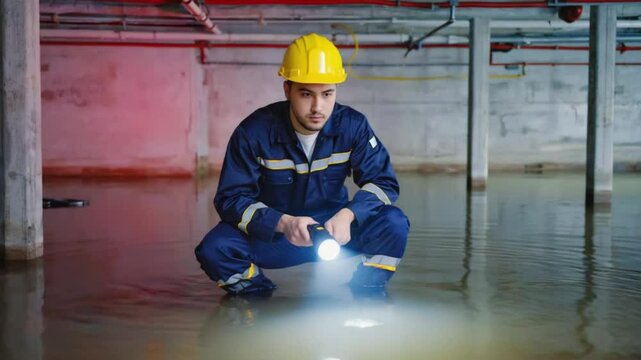 A cautious inspector in hard hat crouches with flashlight in a flooded basement assessing water damage. Concept of emergency response and risk mitigation during natural disasters.