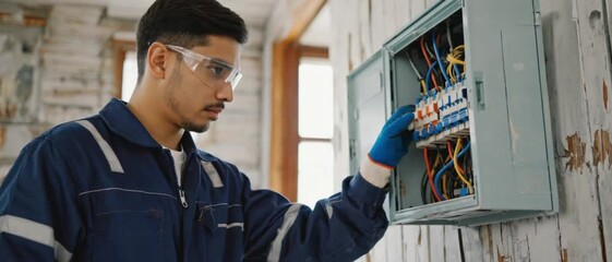 A focused male electrician wearing safety gear inspects circuit breakers inside a renovation site. Concept of reliable technical expertise and essential electrical safety.