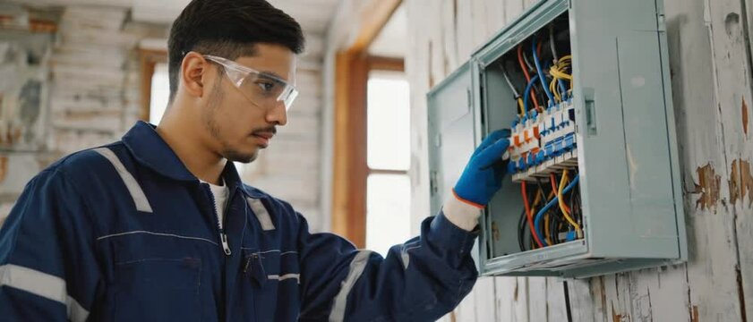 A focused male electrician wearing safety gear inspects circuit breakers inside a renovation site. Concept of reliable technical expertise and essential electrical safety.