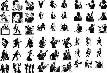 Jazz Musicians Silhouette Set | Saxophone, Trumpet, Drummer & More Jazz Band Silhouettes | Musician Vector Icons Collection