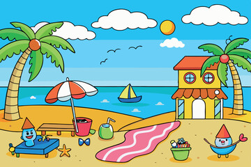 Obraz premium beach scene with a colorful umbrella, beach toys, and a cute boat sailing on the blue ocean under a sunny sky.