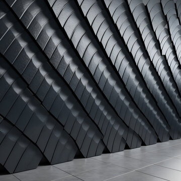 Shield-shaped tiles arranged to create a matte granite wall, with a polished, futuristic background formed from 3D paraboloids. 3D Render.