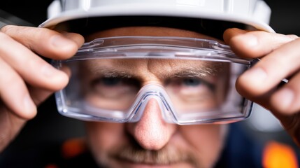 Close-up of a worker adjusting safety goggles while wearing a hard hat in an industrial setting