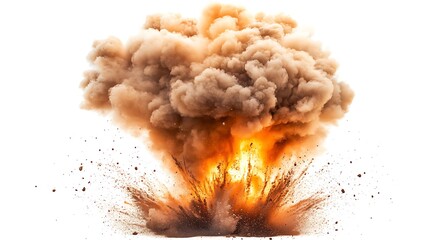 An explosion with red and brown smoke, white background