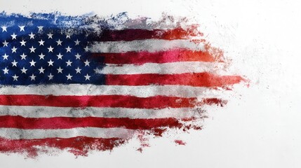Abstract American flag with paint splatter effect on a white background.