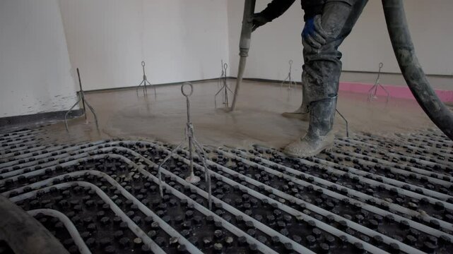 Construction worker pouring concrete over underfloor heating pipes