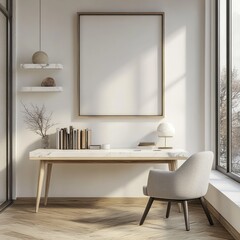 Fototapeta premium Modern minimalist workspace with elegant furniture and natural light highlighting a blank frame on the wall
