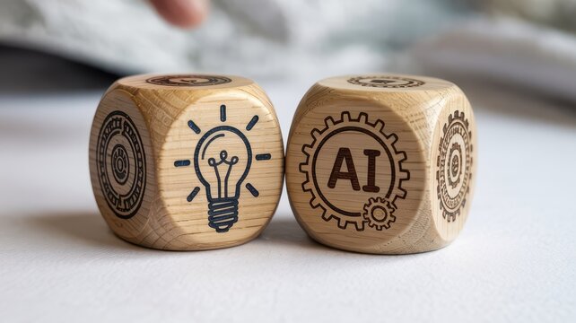 Two wooden dice, representing innovation and artificial intelligence.