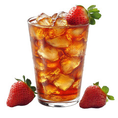 Refreshing strawberry iced tea drink with ice cubes summer beverage in glass transparent background