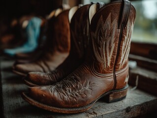 Brown leather cowboy boots, close-up view