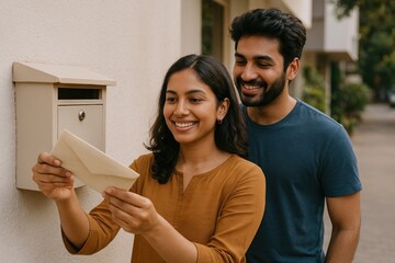 Happy couple receiving mail
