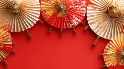 Japanese paper umbrellas on red background