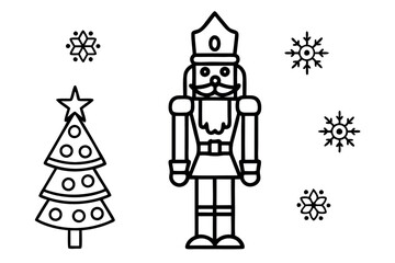 Naklejka premium Christmas Nutcracker with festive tree and snowflakes, ideal for kids and adults holiday coloring pages Line art icon set