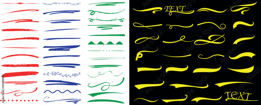 Sticker brush stroke vector set with underline and text swoosh designs