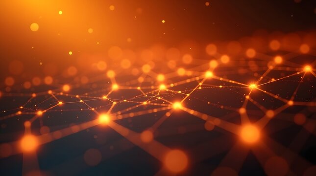 Abstract digital network with glowing orange nodes and interconnected lines, creating a sense of technological depth.