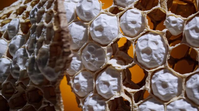 Closeup of hexagonal honeycomb with larvae shows natural symmetry, bee lifecycle, growth, purpose, teamwork, productivity, environmental order, wonder, harmony