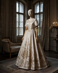 Naklejka premium Off White Gown with Gold Embroidery on Mannequin