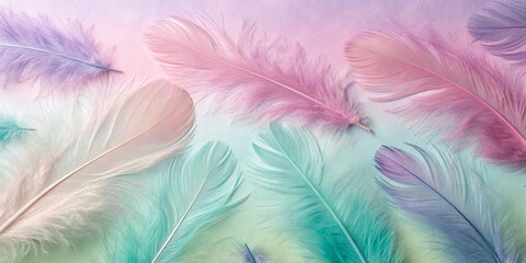 Soft pastel colored feathers lightly falling, dreamlike beautiful background texture