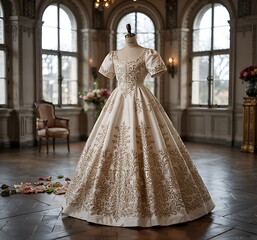 Obraz premium Off White Gown with Gold Embroidery on Mannequin