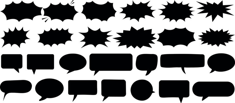 Comic burst, speech bubble, and text box silhouettes in vector style. essential graphic elements set  for comic design, pop art, dialog highlights, and creative retro style storytelling