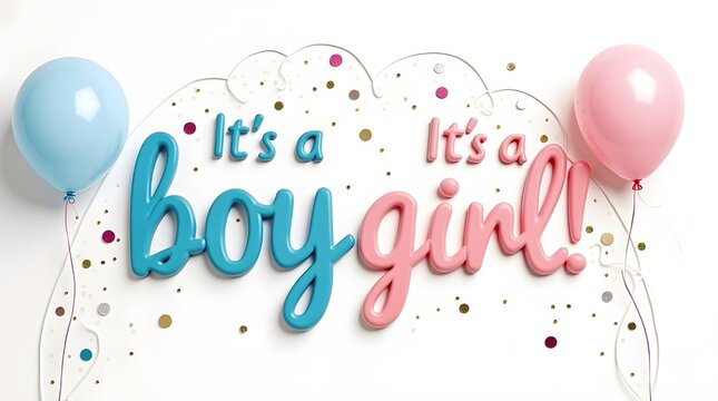 Colorful announcement sign featuring 'It's a boy' and 'It's a girl' with balloons for a gender reveal celebration.