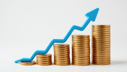 Financial growth, with stacks of coins representing financial progress, with a upward trending blue arrow indicating an increase in the value of money