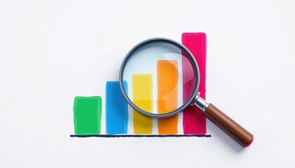 Analyzing and examining a vibrant bar graph with a magnifying glass