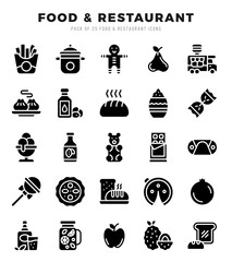Food and Restaurant Icons Pack Glyph Style. Vector illustration.