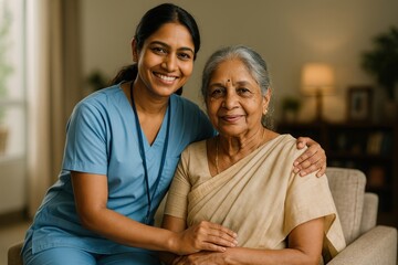 Caregiver supports elderly woman warmly.