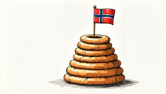 Kransekake rings stacked with Norwegian flag on top  
